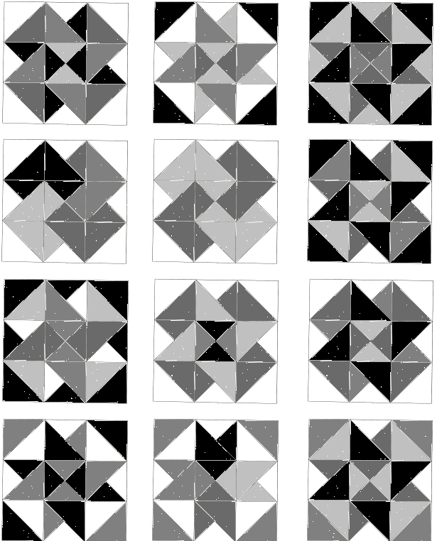 Changing the value placement (where the lights/mediums/darks are) creates distinctly new patterns visually, even when the underlying grid struction of the pattern is exactly the same from block to block.