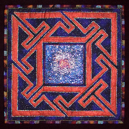 Labyrinth Journal Quilt by Beth Ann Williams. Jacquard Lumiere fabric paint was used with a hand-cut freezer paper stencil to create the copper labyrinth.